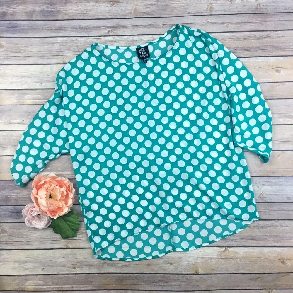 Trendy Womens HiLo Lightweight Shirt Bobeau Blouse Green Polka Dot Jrs Top Large